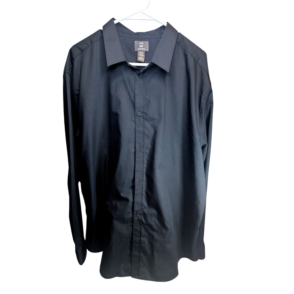 HM Mens Slim Fit Easy Iron Button Up Shirt Black Long Sleeve Dress Shirt XXL